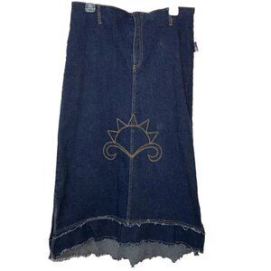 Vintage Tutti Chicca Blue Denim Embroidered Sunrise Boho Hippie Maxi Skirt
